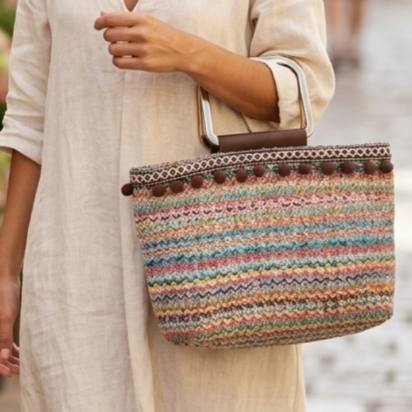 Boho Bundle! Woven Fabric Tote Bag Metal Handle Pom Poms And NWT Guess Wallet - Picture 2 of 12